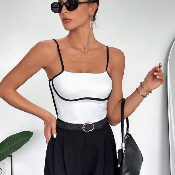 Black and White Preppy Women's Contrast Trim Cami Top - Picture 4 of 5
